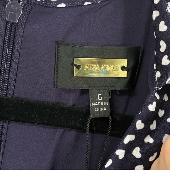 ALEXIA ADMOR Midi Heart Pattern Fit & Flare Collared Navy & White Dress Size 6 - Picture 5 of 16